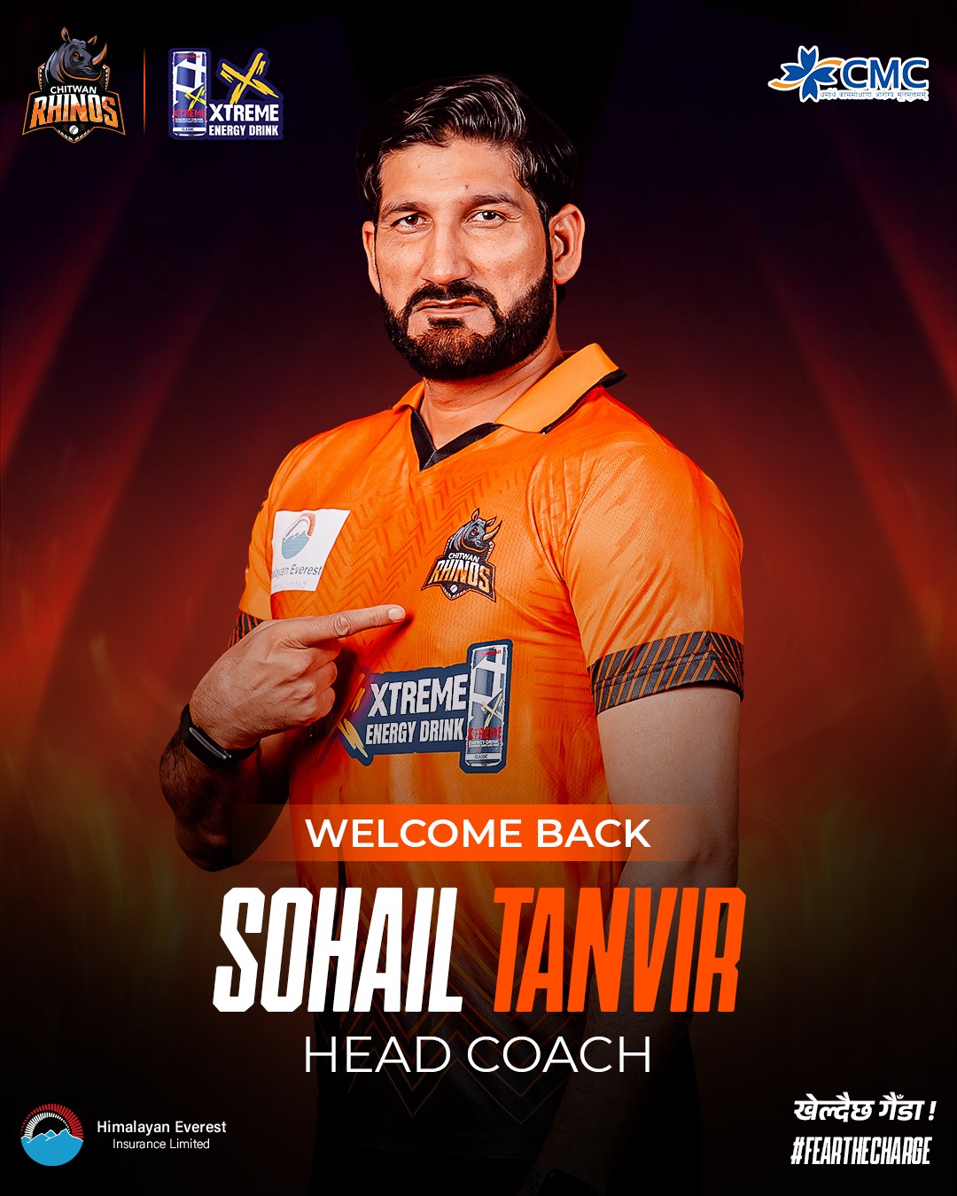 Sohail Tanvir in the Chitwan Rhinos jersey in the franchise's official head-coach announcement graphic for NPL Season 3. Photo: Chitwan Rhinos
