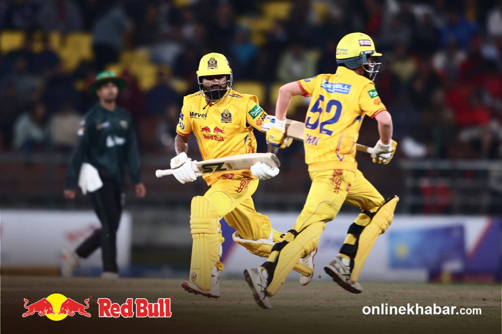 Sudurpaschim Royals batters running between the wickets against Pokhara Avengers. Photo: Online Khabar