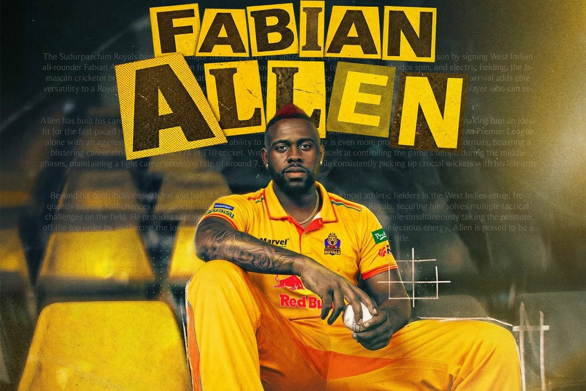 Sudurpaschim Royals announcement graphic for West Indies all-rounder Fabian Allen in the team's yellow kit. Photo: Sudurpaschim Royals