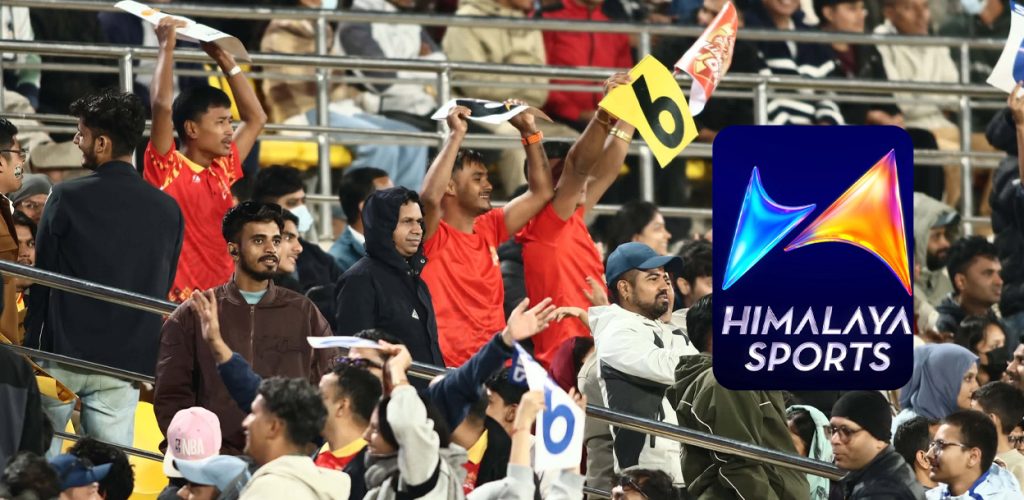 Crowd at a floodlit cricket ground with the Himalaya Sports logo. Photo: Online Khabar