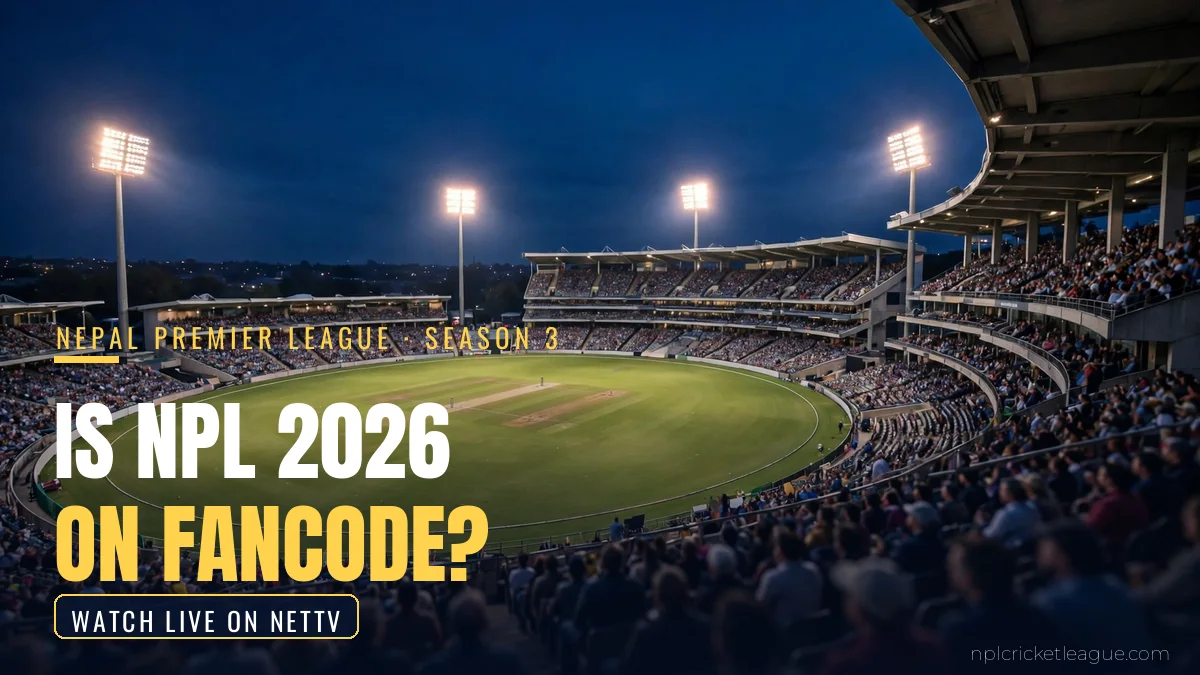 Is NPL 2026 on FanCode: floodlit stadium at night, FanCode Season 3 streaming status in India graphic