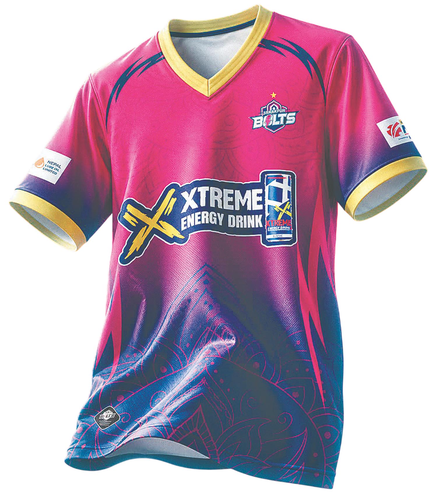 The Janakpur Bolts jersey for NPL Season 3, in magenta and navy with gold trim, as revealed by the club. Photo: Kathmandu Post