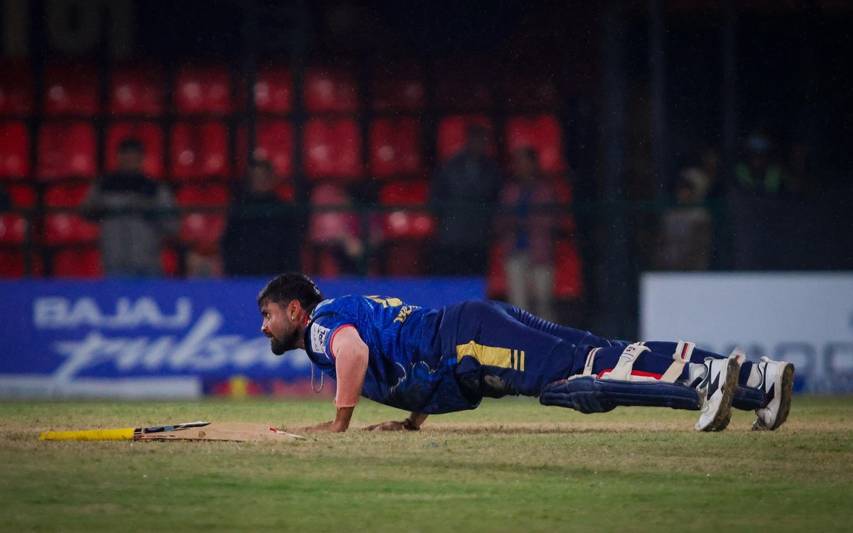Gulsan Jha celebrates with a push-up after Karnali Yaks beat Biratnagar Kings in NPL Season 3 Match 6 at TU Ground, Kirtipur