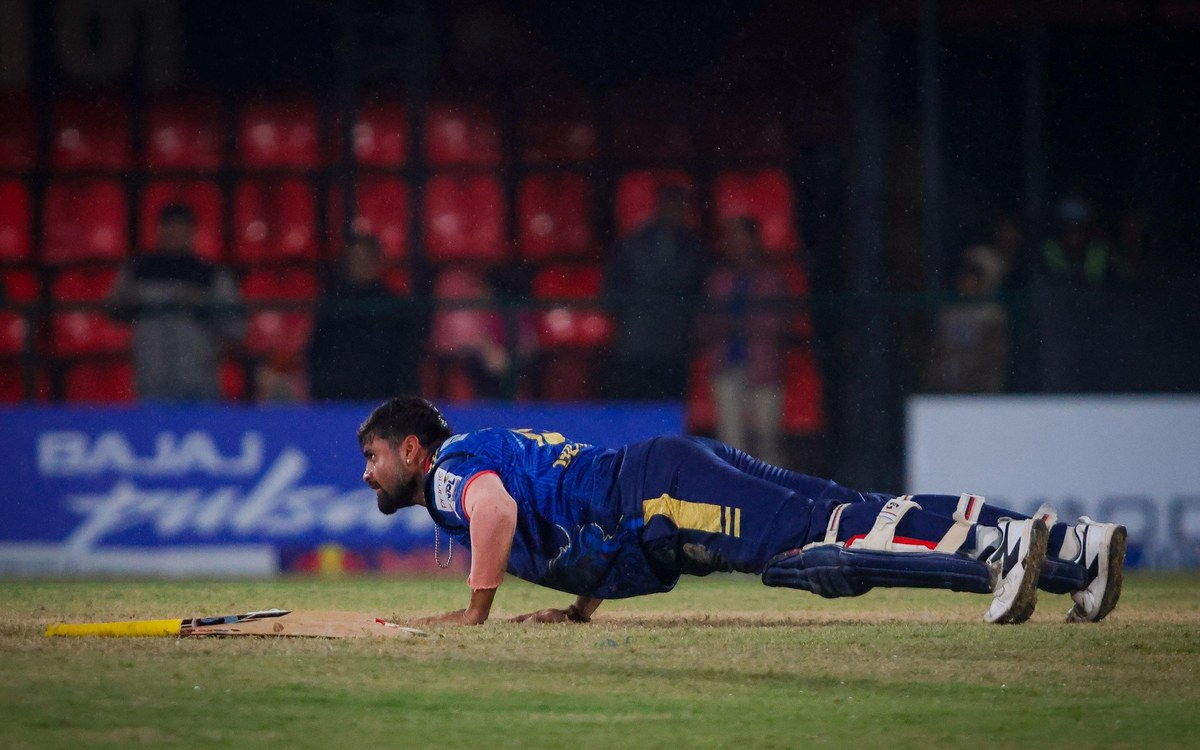 Karnali Yaks batter Gulshan Jha does a push-up celebration on the field at TU Ground in Kirtipur after the win over Biratnagar Kings