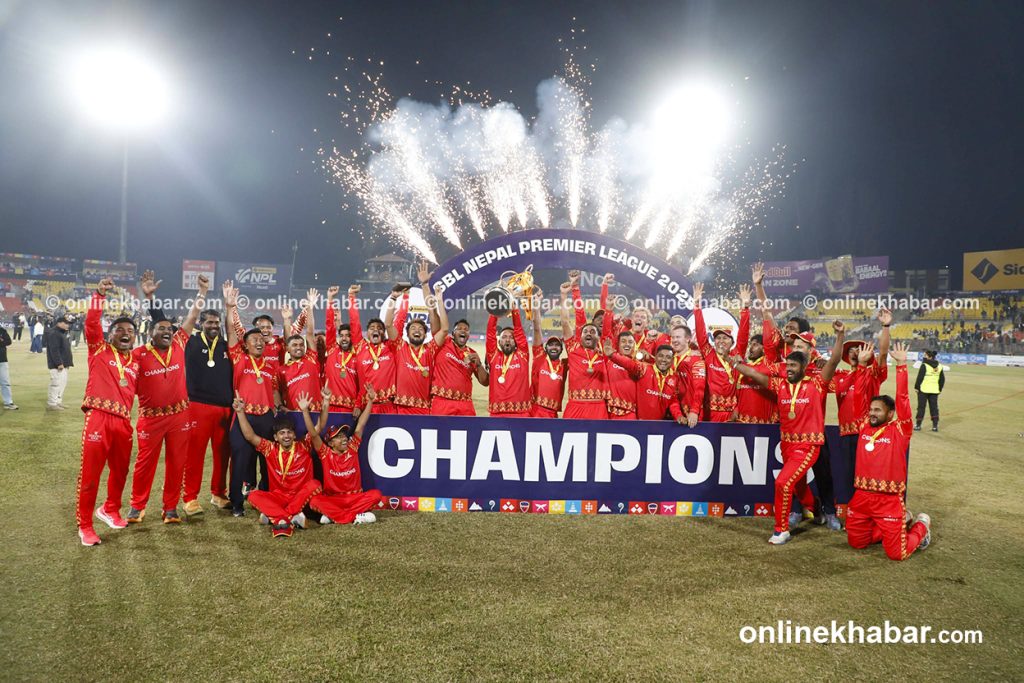 Lumbini Lions players celebrate with the NPL trophy after winning the title. Photo: OnlineKhabar