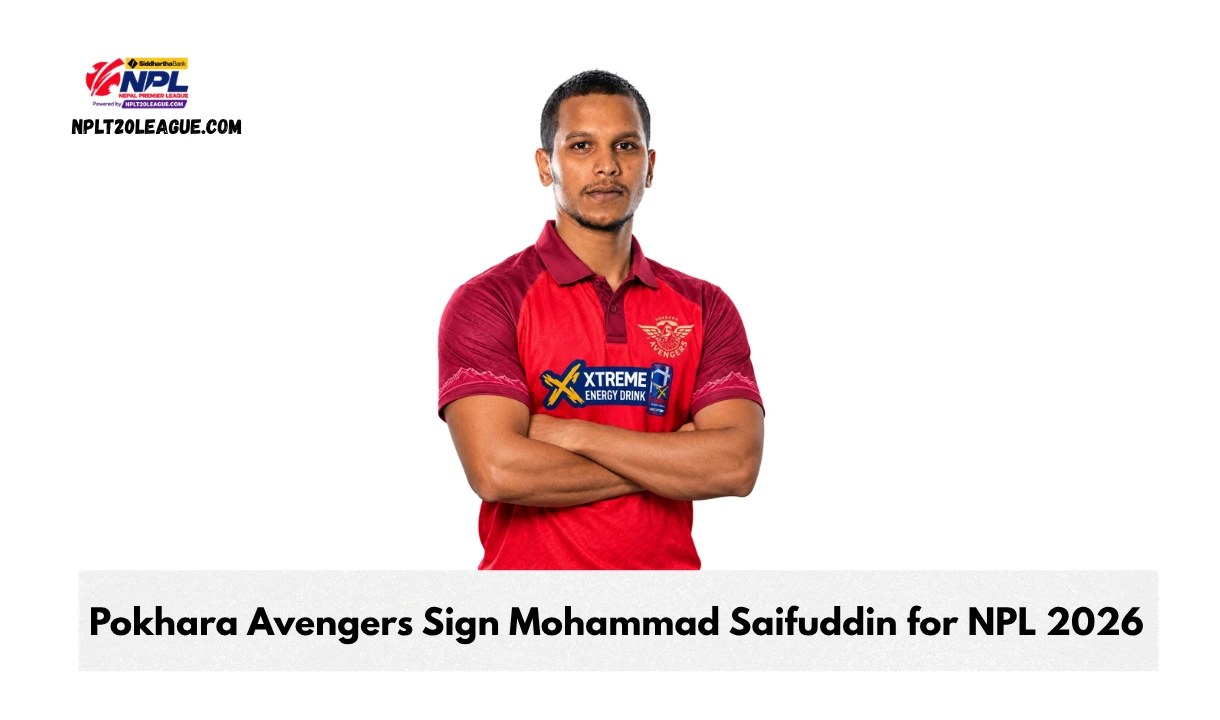 Bangladesh all-rounder Mohammad Saifuddin pictured in a red franchise jersey after signing for Pokhara Avengers for NPL Season 3. Photo: nplt20league.com