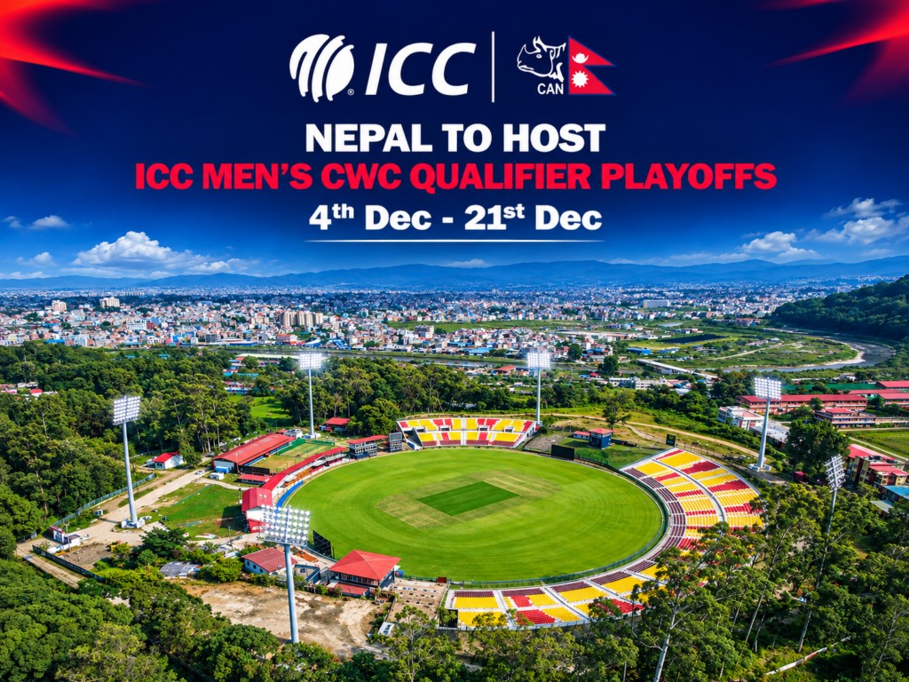 Aerial view of the TU International Cricket Ground in Kirtipur with the announcement graphic for the ICC Men's Cricket World Cup Qualifier Playoff in December 2026. Photo: HamroKhelkud