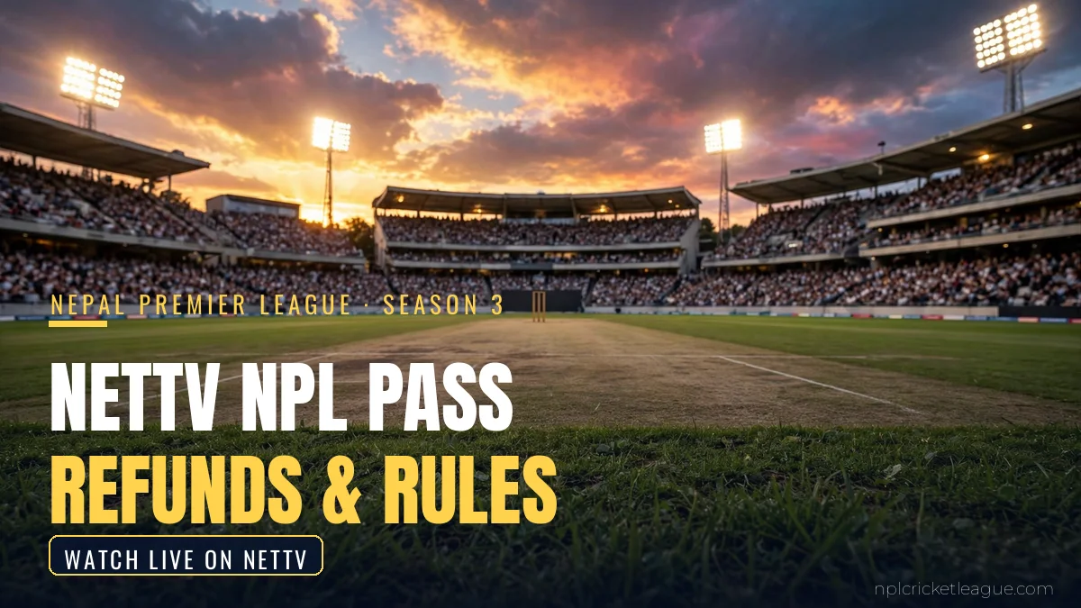 NetTV NPL pass refunds and rules: floodlit cricket stadium at dusk for NPL Season 3