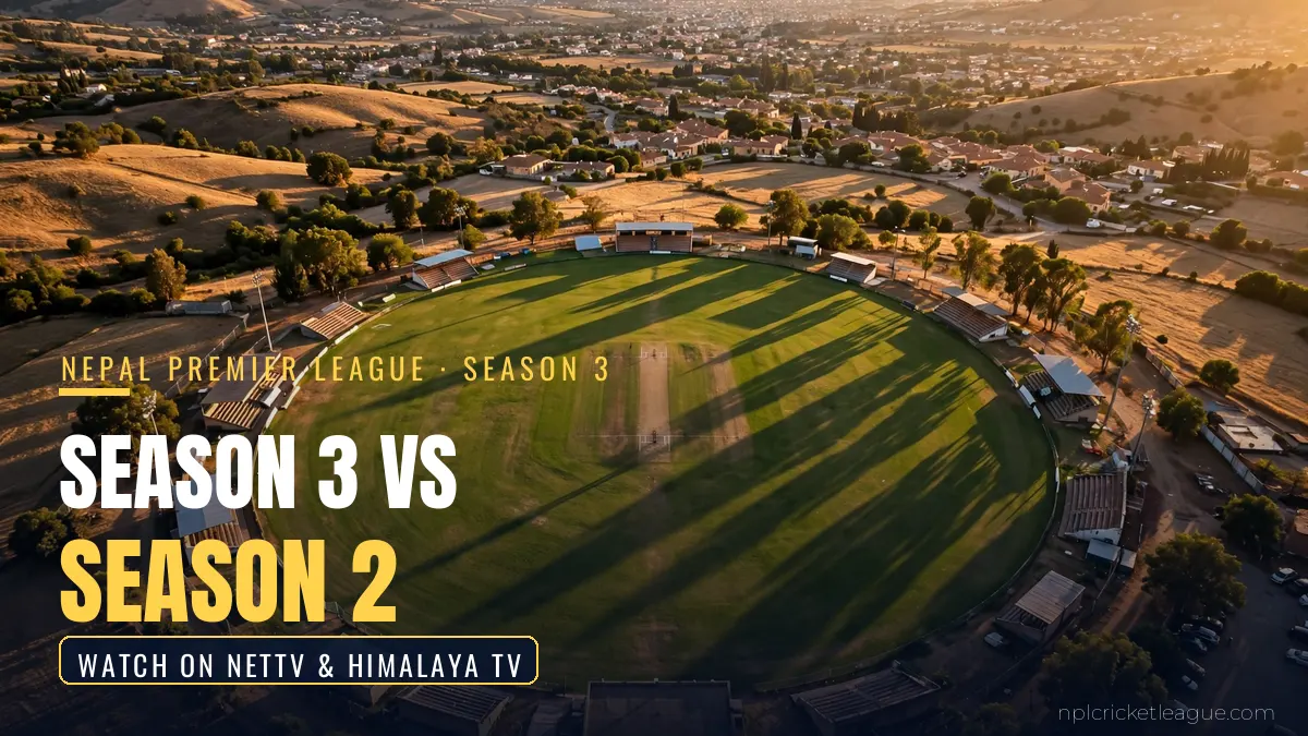 NPL 2026 broadcasters: golden-hour stadium aerial, Season 3 vs Season 2 rights comparison graphic