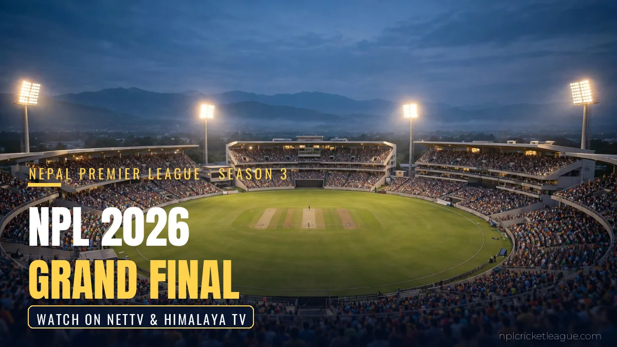 NPL 2026 final live: floodlit cricket stadium at night for Nepal Premier League Season 3