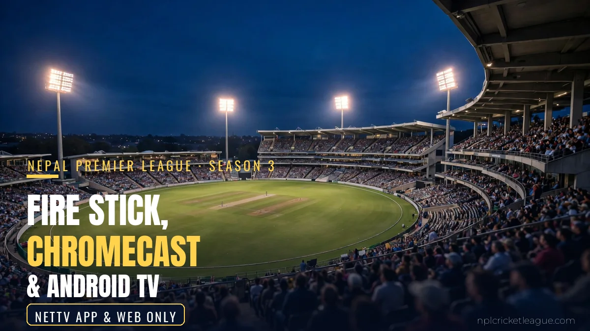 NPL 2026 on a big screen: floodlit cricket stadium at night for NPL Season 3