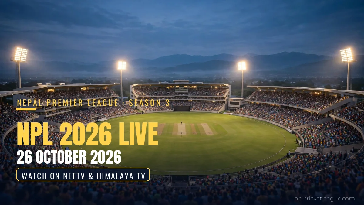 NPL 2026 live on 26 October: floodlit cricket stadium at dusk, Lumbini Lions vs Sudurpaschim Royals opening match streaming graphic