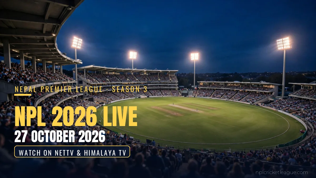 NPL 2026 live on 27 October: floodlit cricket stadium at night, Biratnagar Kings vs Chitwan Rhinos and Karnali Yaks vs Janakpur Bolts streaming graphic