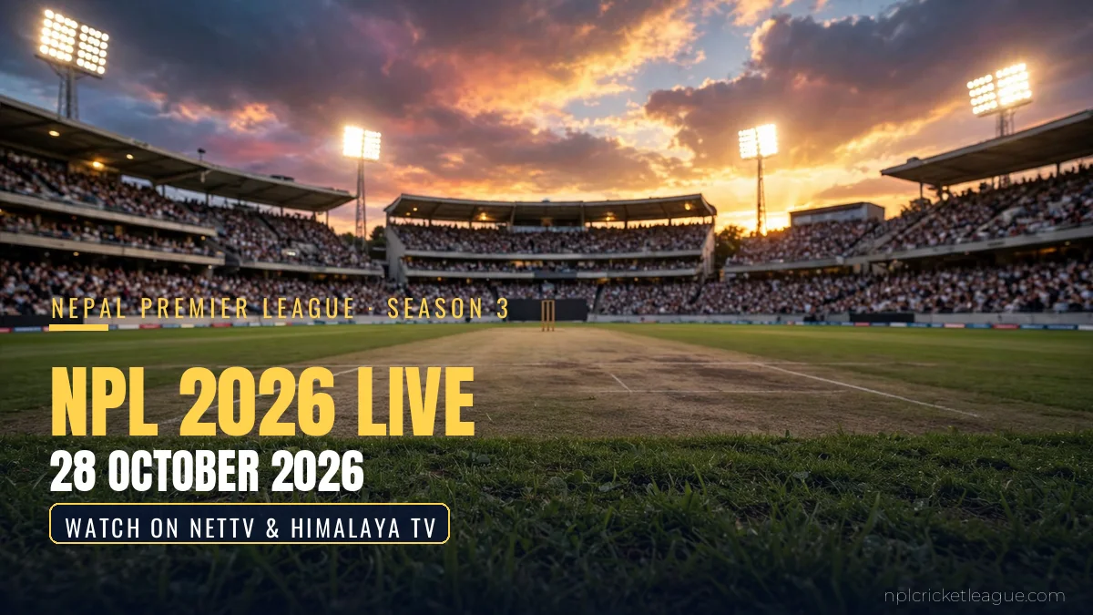 NPL 2026 live on 28 October: cricket stadium at sunset from pitch level, Pokhara Avengers vs Sudurpaschim Royals streaming graphic