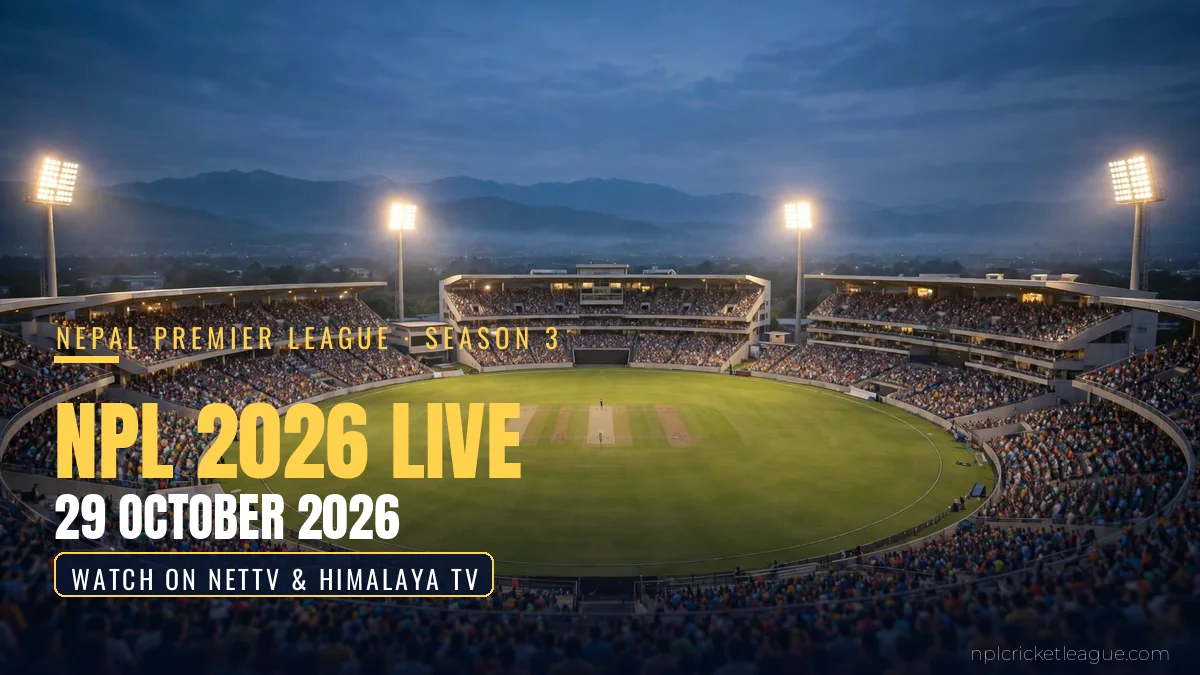 NPL 2026 live on 29 October: floodlit cricket stadium at dusk, Janakpur Bolts vs Kathmandu Gorkhas and Karnali Yaks vs Biratnagar Kings streaming graphic