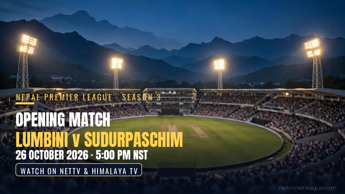 NPL 2026 opening match live: floodlit stadium at dusk for Lumbini Lions v Sudurpaschim Royals, 26 October 2026