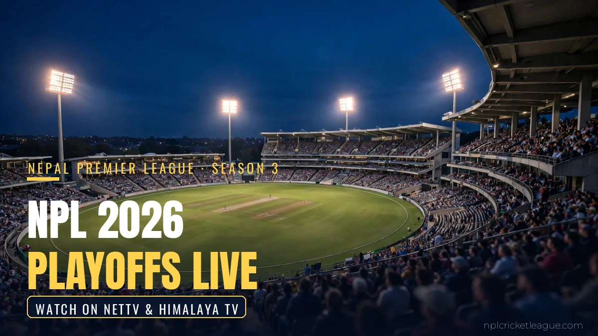 NPL 2026 playoffs live: floodlit cricket stadium at night for Nepal Premier League Season 3