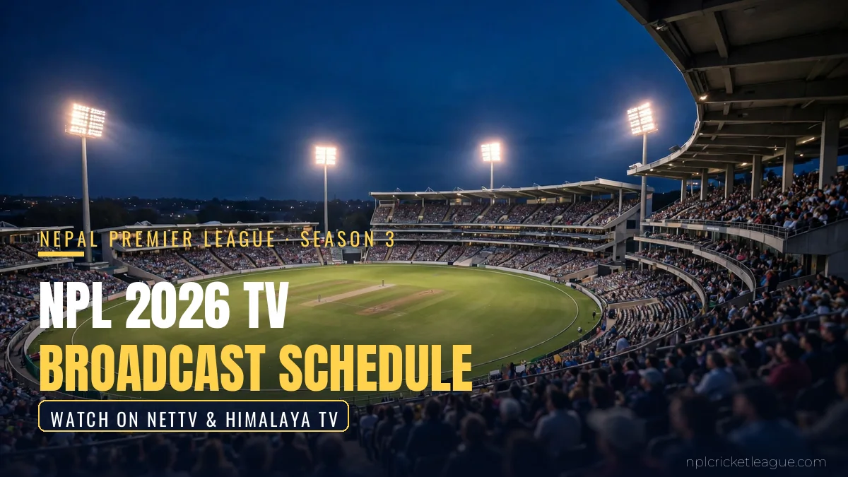 NPL 2026 TV broadcast schedule: floodlit cricket stadium at dusk for Nepal Premier League Season 3