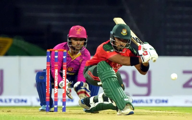 Bangladesh batter Parvez Hossain Emon playing a shot during his century against UAE at Sharjah. Photo: Emirates Cricket Board