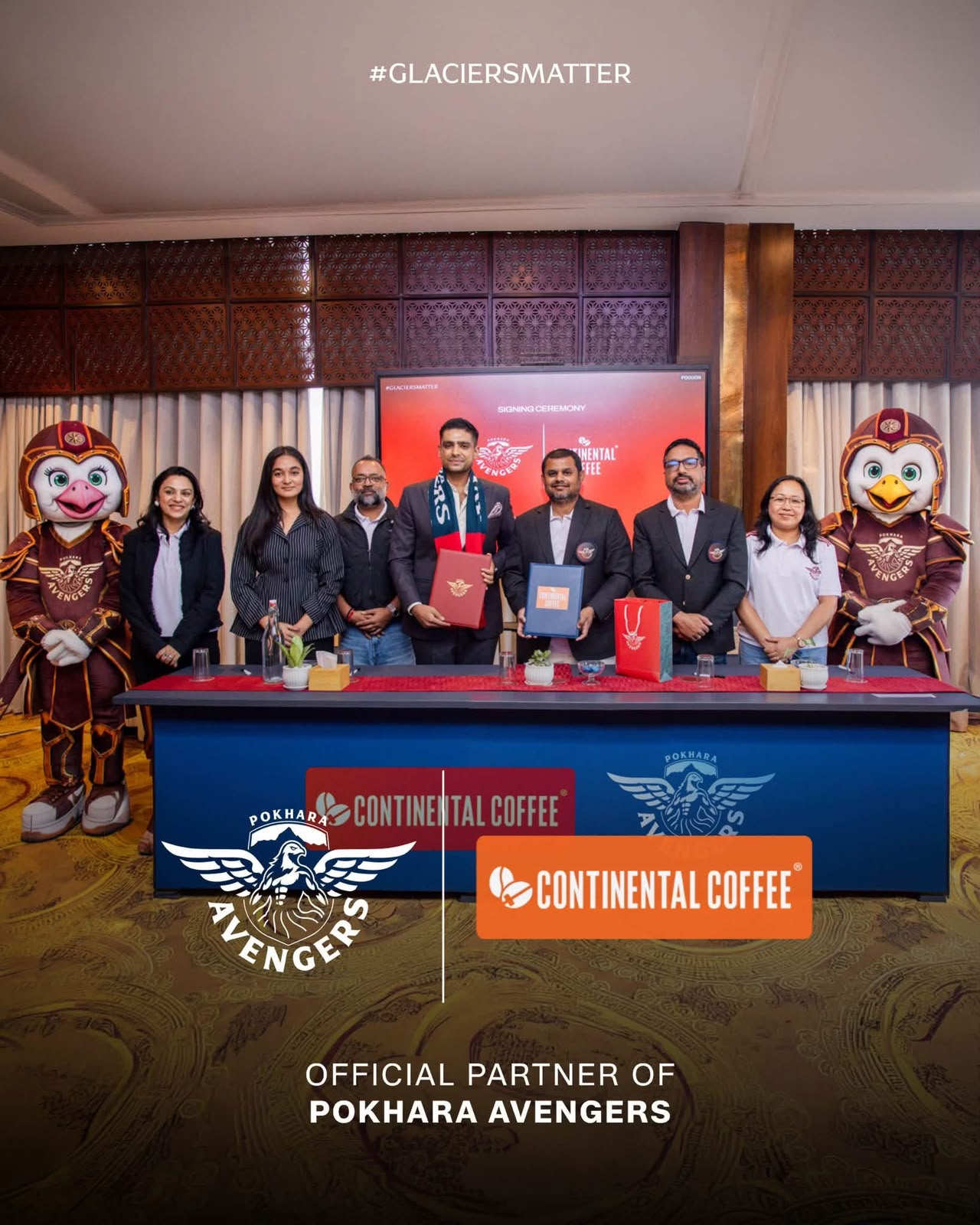 Pokhara Avengers and Continental Coffee officials pose with the club mascots at the signing ceremony announcing Continental Coffee as the official partner of Pokhara Avengers for NPL Season 3. Photo: Pokhara Avengers