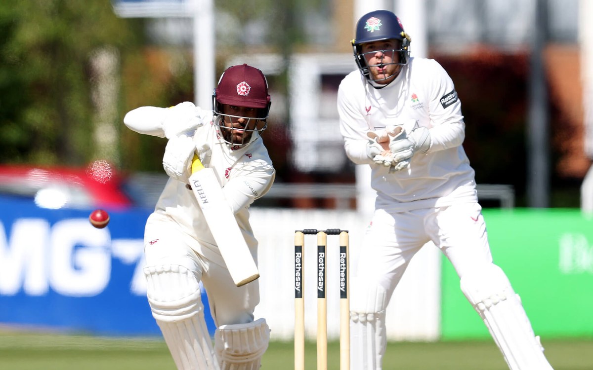 Saif Zaib plays a drive for Northamptonshire in County Championship cricket
