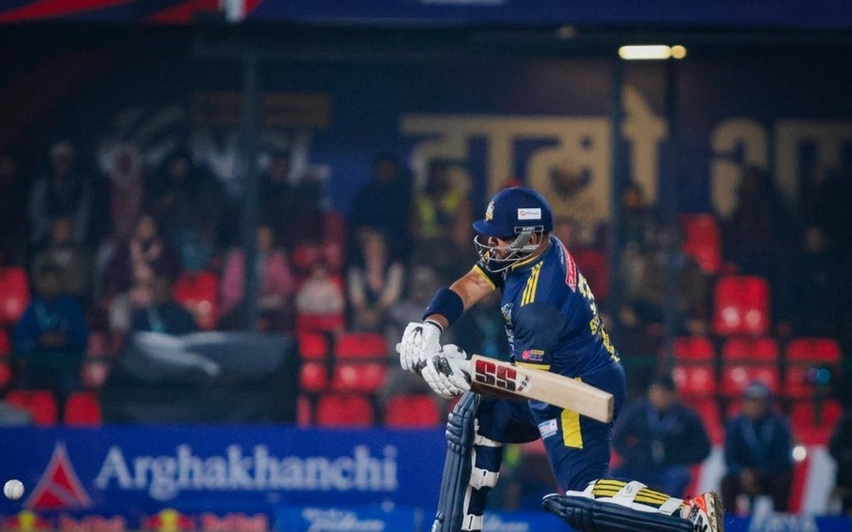 A Biratnagar Kings batter plays a shot under the floodlights at TU Ground in Kirtipur on Saturday night