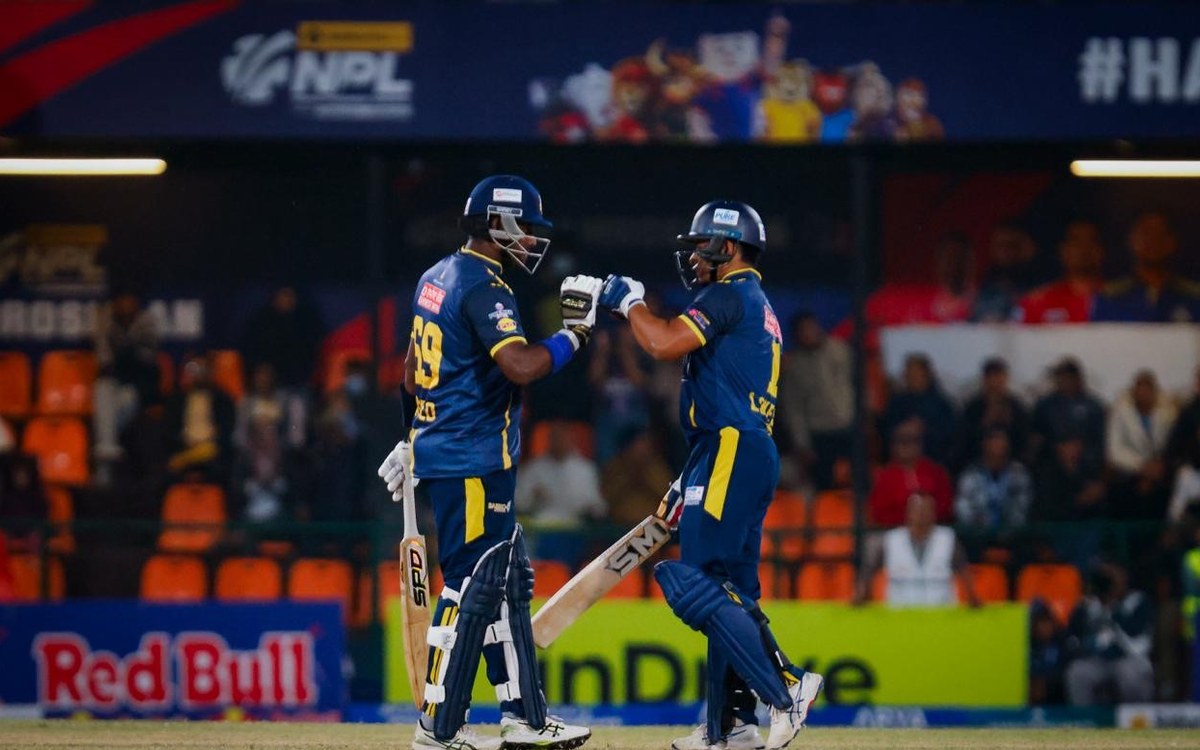 Biratnagar Kings batters celebrate during an NPL Season 3 match at the TU Ground in Kirtipur