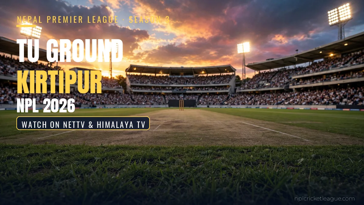 TU Ground Kirtipur NPL 2026 tickets and viewing: floodlit cricket stadium at dusk