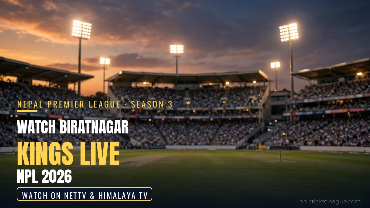 How to watch Biratnagar Kings matches live in NPL 2026: floodlit cricket stadium at dusk, live stream graphic