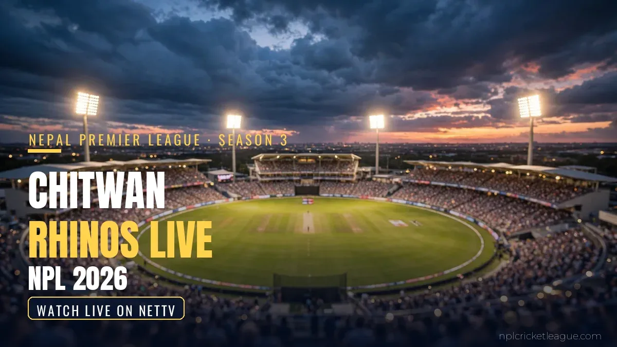 Watch Chitwan Rhinos matches live in NPL 2026: floodlit cricket stadium at dusk, live stream graphic