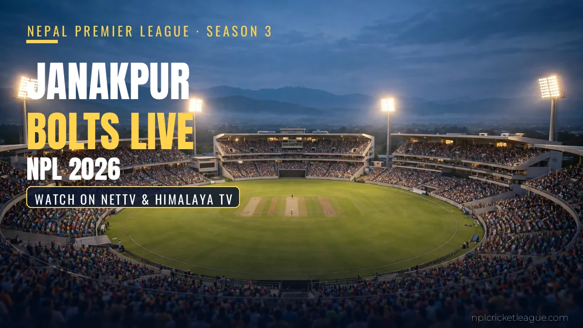Watch Janakpur Bolts matches live in NPL 2026: floodlit cricket stadium at dusk, live stream graphic