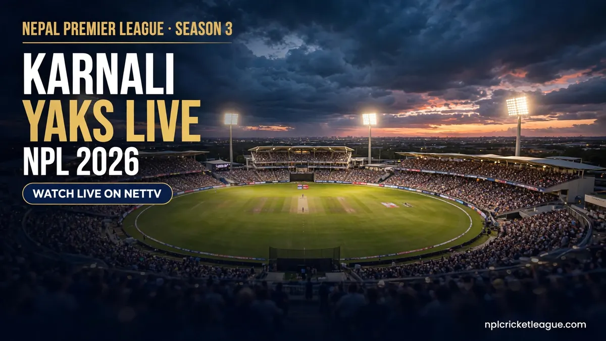 Watch Karnali Yaks matches live in NPL 2026: floodlit cricket stadium at dusk, live stream graphic