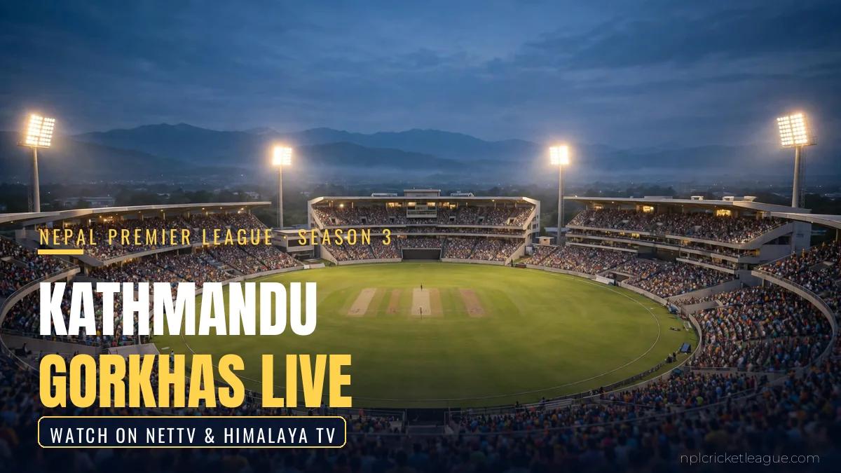 Watch Kathmandu Gorkhas matches live in NPL 2026: floodlit cricket stadium at dusk, live stream graphic