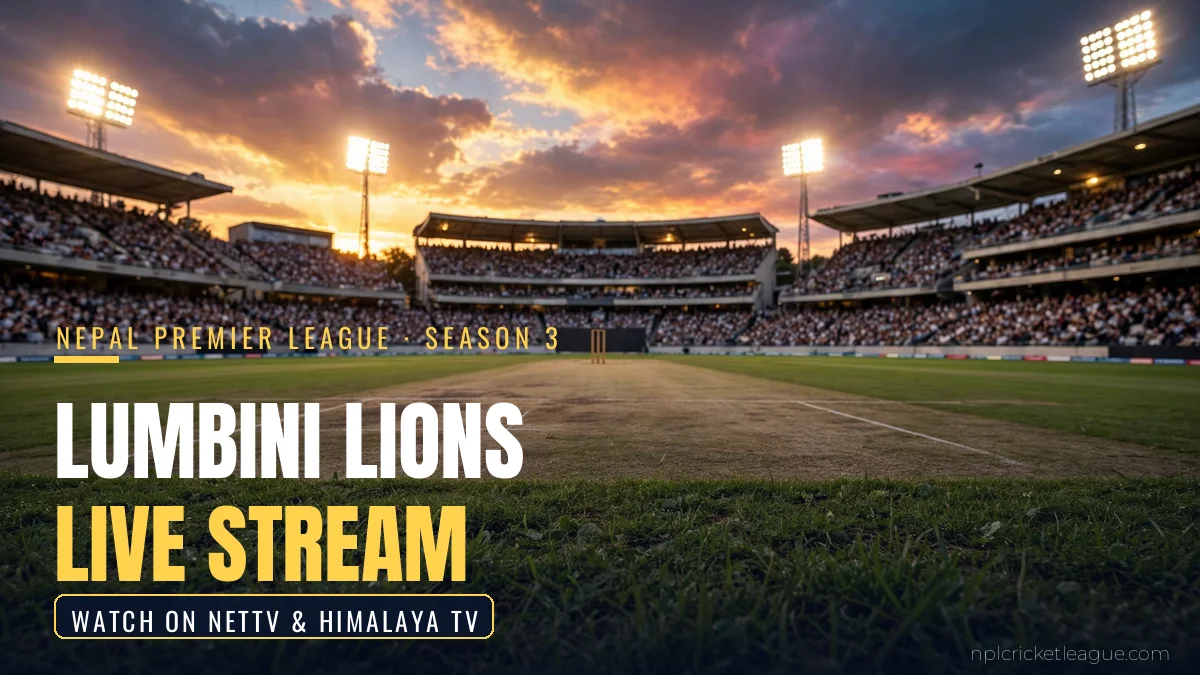 How to watch Lumbini Lions matches live in NPL 2026: floodlit cricket stadium at dusk, live stream graphic