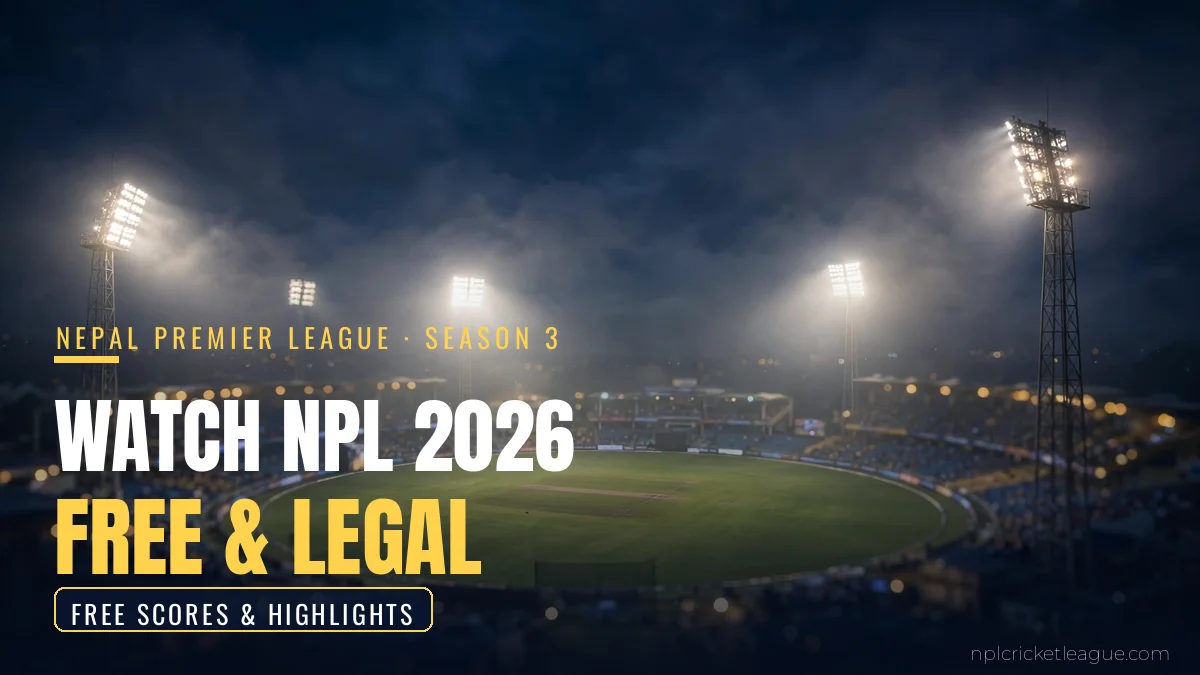 Watch NPL 2026 free and legal: floodlit cricket stadium at night, free scores and highlights watch options graphic