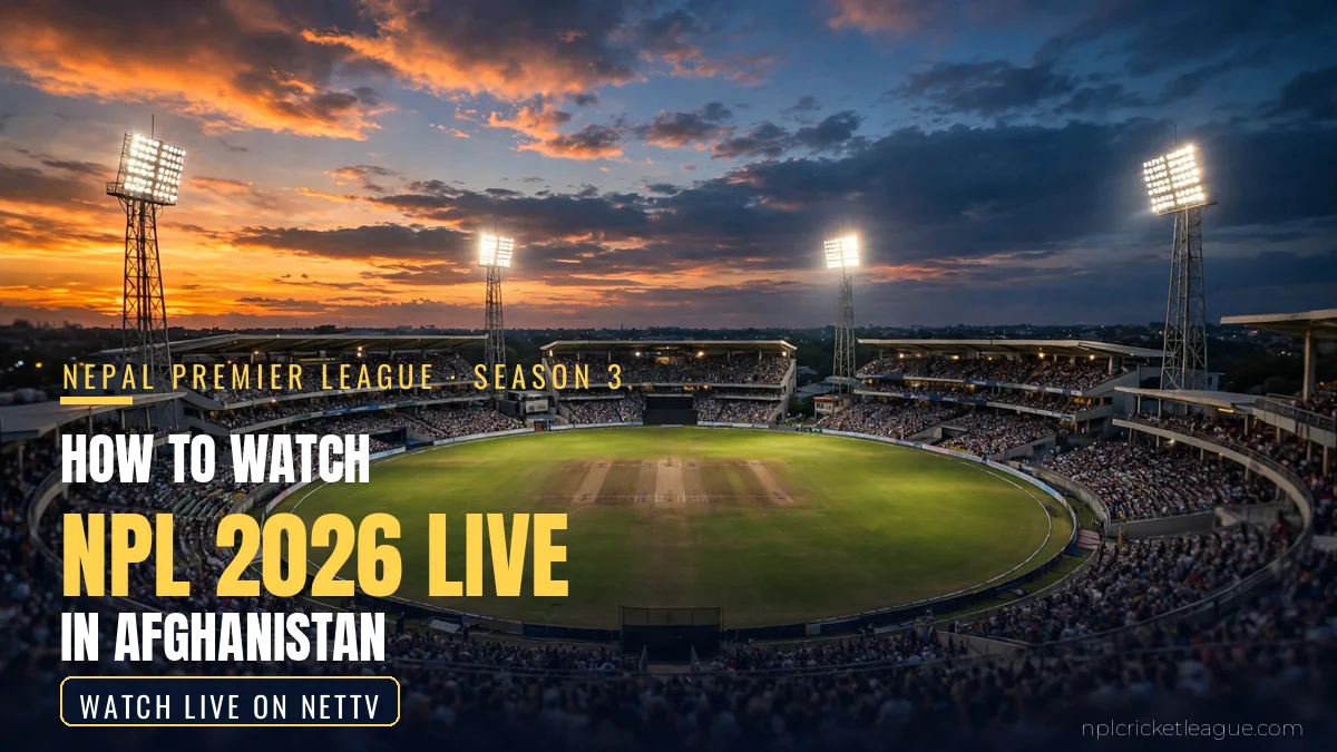 How to watch NPL 2026 live in Afghanistan: floodlit cricket stadium at dusk, NetTV streaming graphic