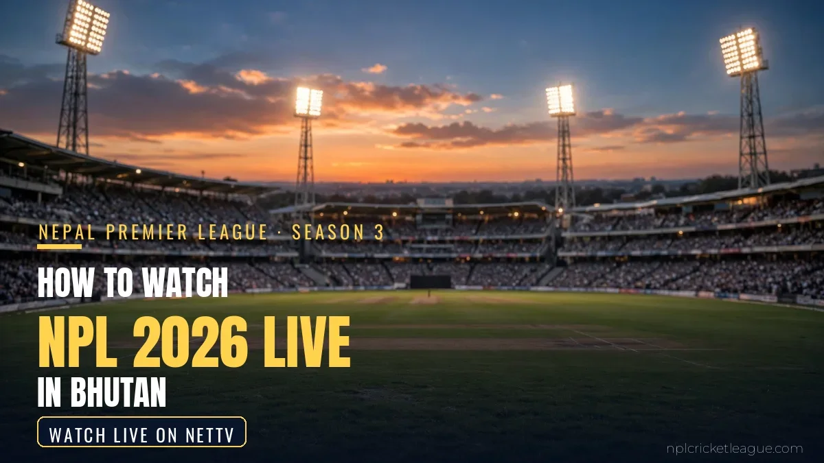 How to watch NPL 2026 live in Bhutan: floodlit cricket stadium at dusk, NetTV streaming graphic
