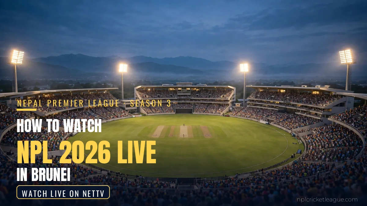 How to watch NPL 2026 live in Brunei: floodlit cricket stadium at dusk, NetTV streaming graphic