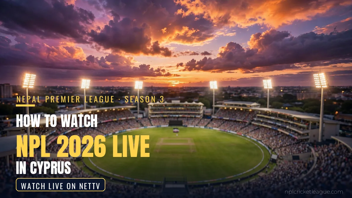 How to watch NPL 2026 live in Cyprus: floodlit cricket stadium at dusk, NetTV streaming graphic