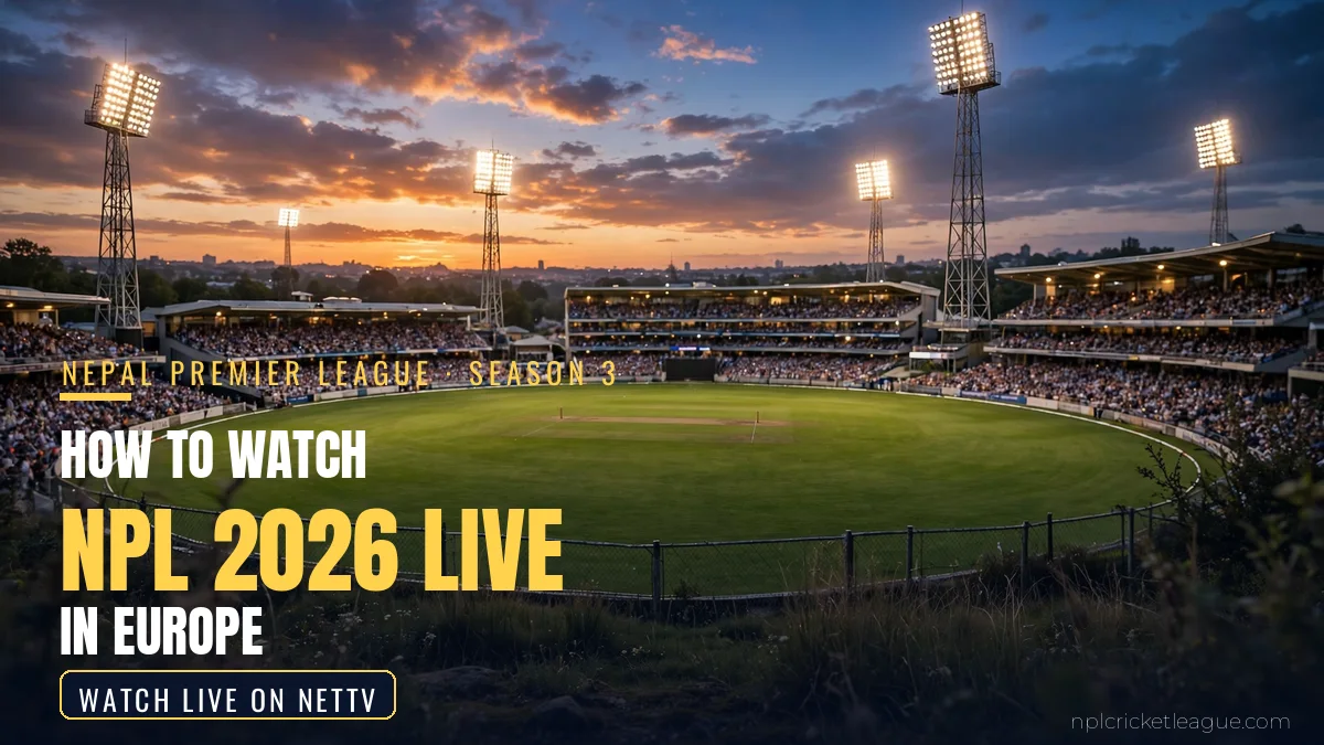 How to watch NPL 2026 live in Europe: floodlit cricket stadium at dusk, NetTV streaming graphic