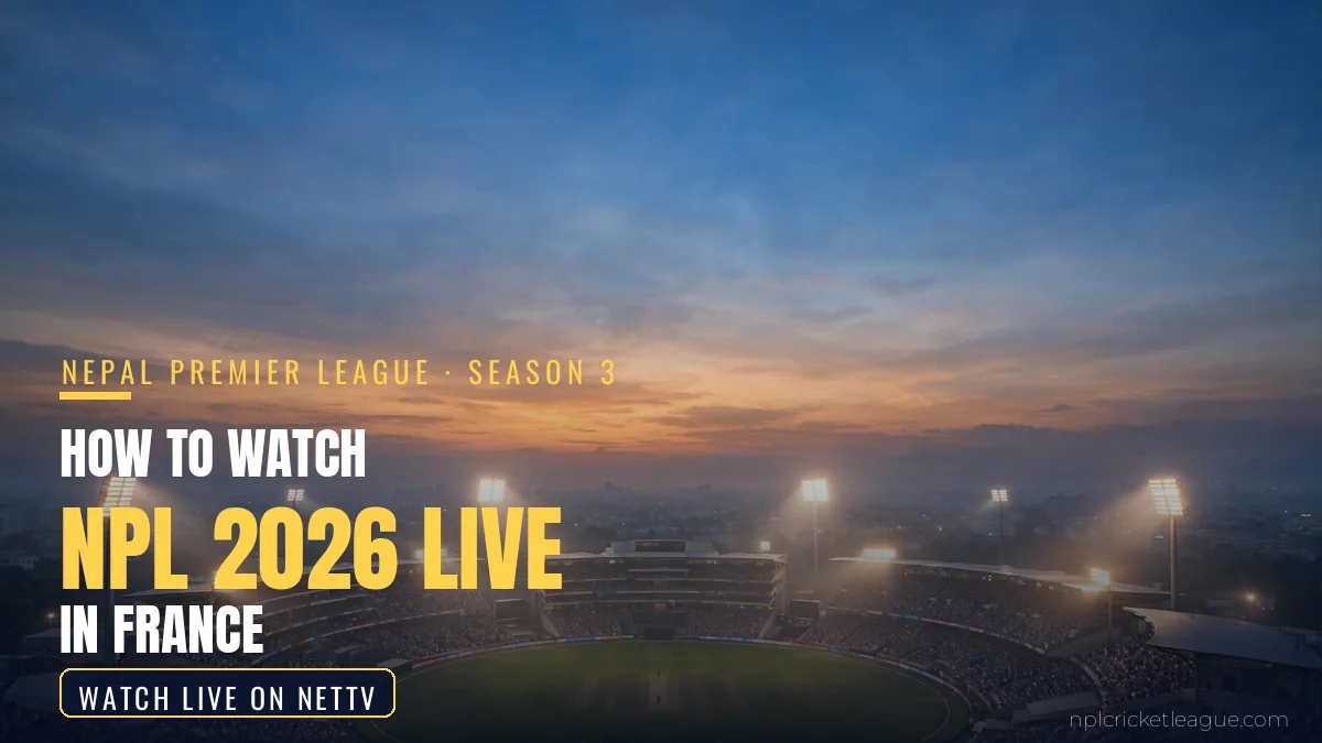 How to watch NPL 2026 live in France: floodlit cricket stadium at dusk, NetTV streaming graphic