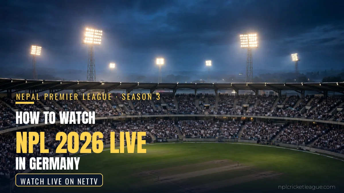 How to watch NPL 2026 live in Germany: floodlit cricket stadium at dusk, NetTV streaming graphic