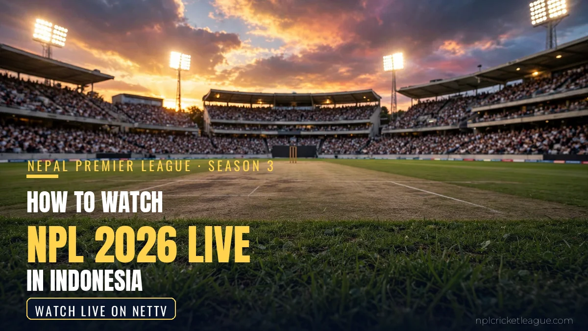 How to watch NPL 2026 live in Indonesia: floodlit cricket stadium at dusk, NetTV streaming graphic