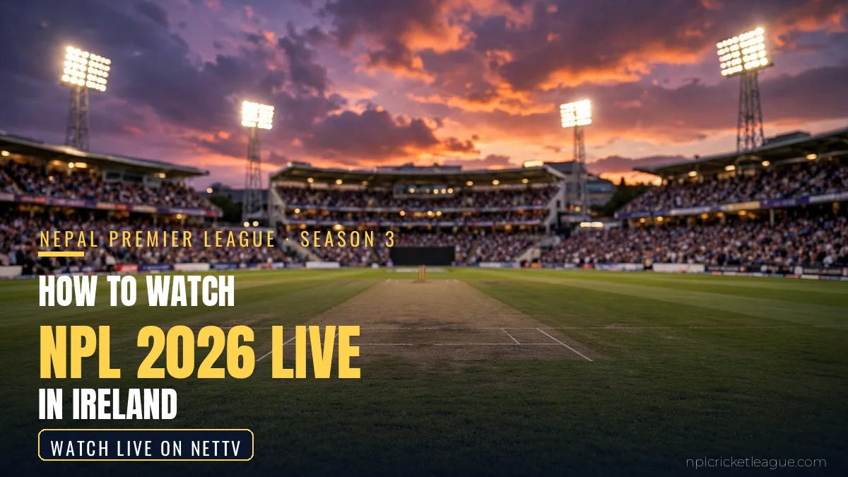 How to watch NPL 2026 live in Ireland: floodlit cricket stadium at dusk, NetTV streaming graphic