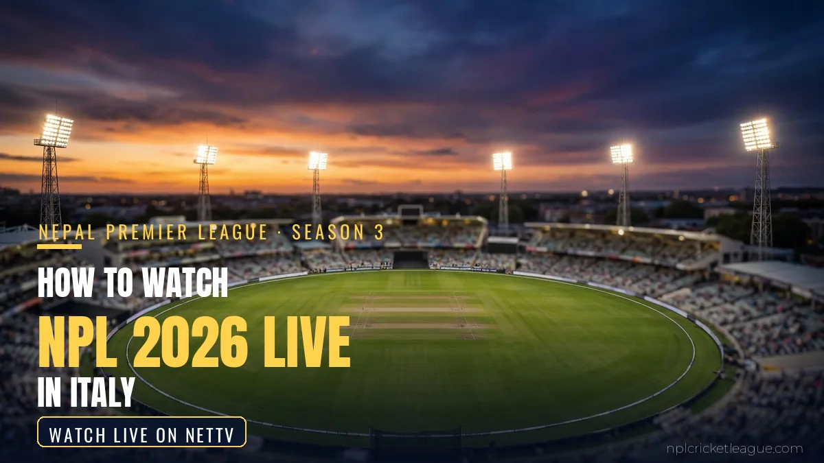 How to watch NPL 2026 live in Italy: floodlit cricket stadium at dusk, NetTV streaming graphic