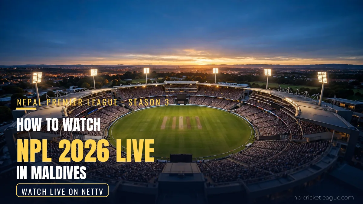 How to watch NPL 2026 live in Maldives: floodlit cricket stadium at dusk, NetTV streaming graphic