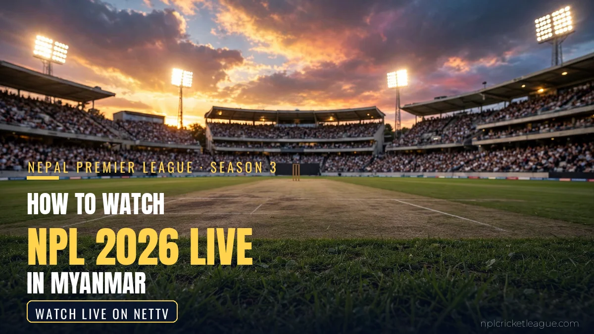 How to watch NPL 2026 live in Myanmar: floodlit cricket stadium at dusk, NetTV streaming graphic