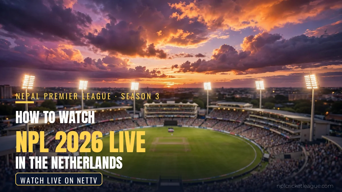 How to watch NPL 2026 live in the Netherlands: floodlit cricket stadium at dusk, NetTV streaming graphic