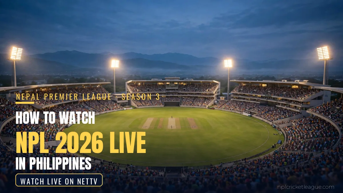 How to watch NPL 2026 live in Philippines: floodlit cricket stadium at dusk, NetTV streaming graphic