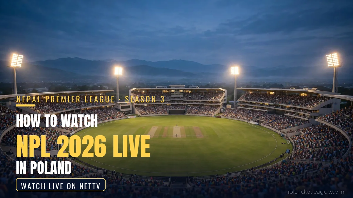 How to watch NPL 2026 live in Poland: floodlit cricket stadium at dusk, NetTV streaming graphic